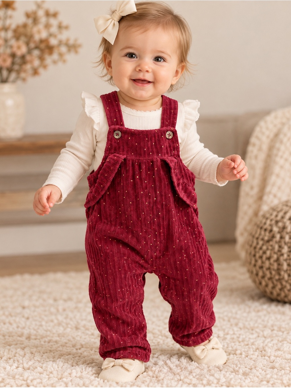 Rachel Zoe Baby Girls Burgundy Corduroy Gold Dot Overalls 6/9M